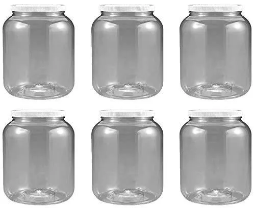 1/2 Gallon 2 Quart Plastic Wide Mouth Jar With Pressurized Seal White Screw On Cap Lid And Container Shatter-Proof Best American Bpa Free Crystal Clear Pet (6)