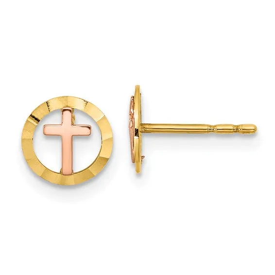 14k Two Tone Faceted Cross Halo Earrings