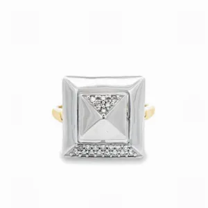 14K YELLOW AND WHITE GOLD DOUBLE PYRAMID SPINNER RING WITH 0.15CTW