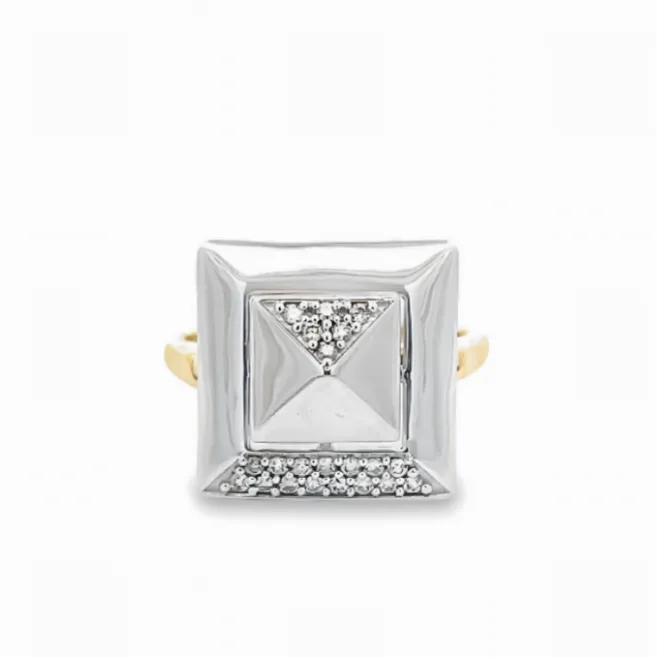 14K YELLOW AND WHITE GOLD DOUBLE PYRAMID SPINNER RING WITH 0.15CTW