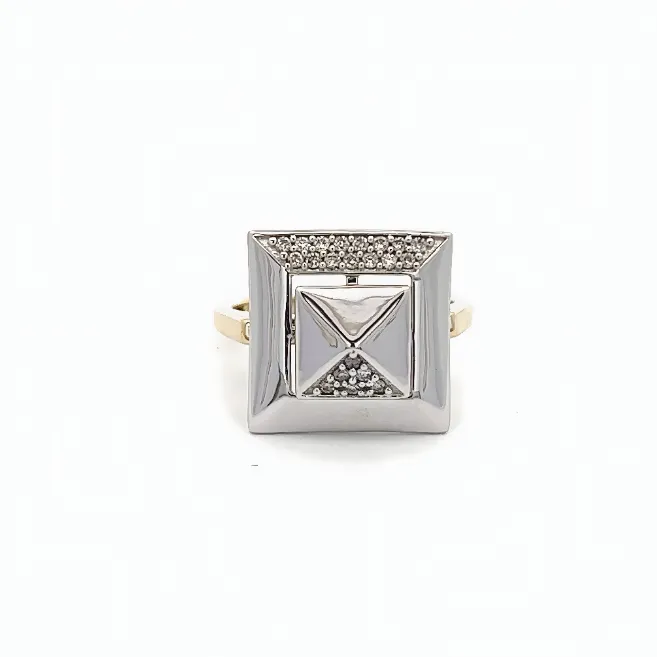14K YELLOW AND WHITE GOLD DOUBLE PYRAMID SPINNER RING WITH 0.15CTW