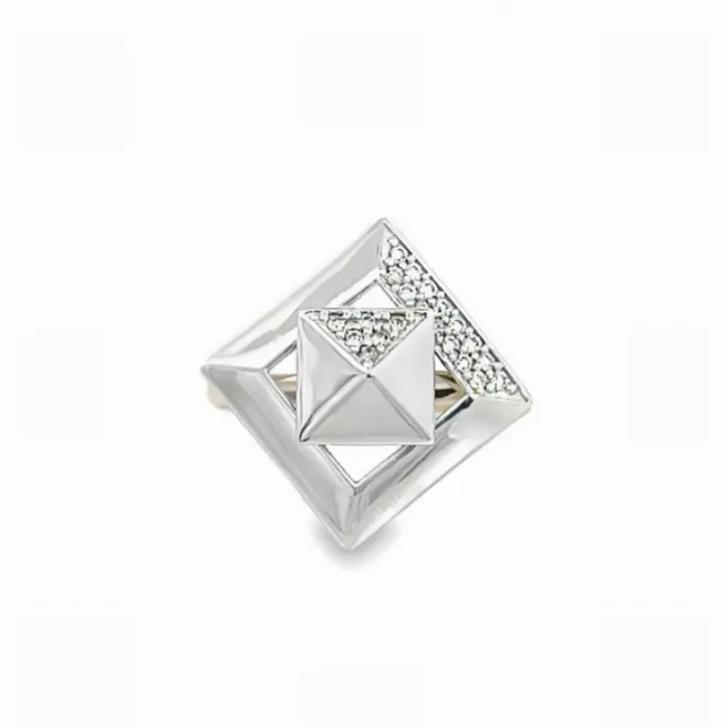 14K YELLOW AND WHITE GOLD DOUBLE PYRAMID SPINNER RING WITH 0.15CTW