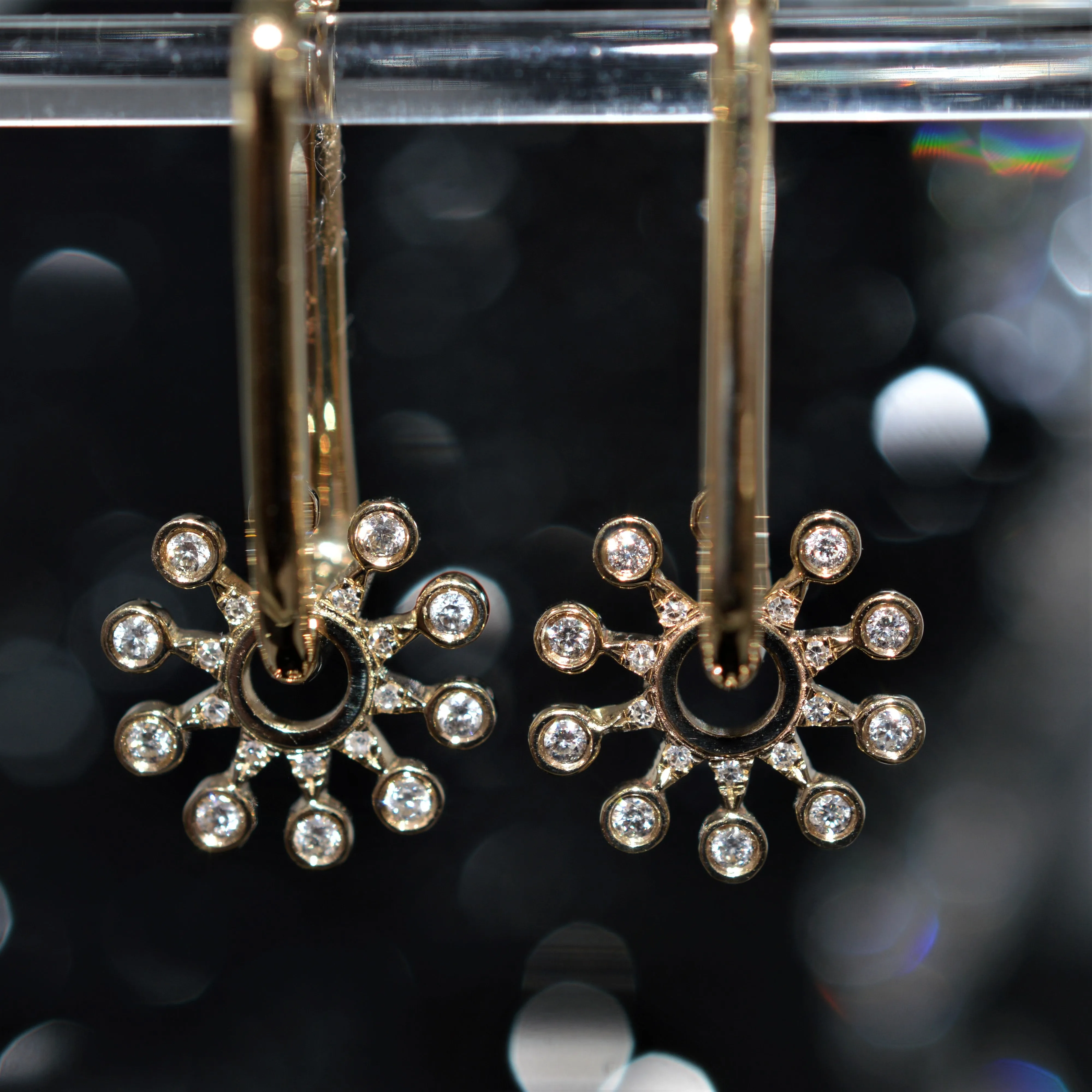 14K Yellow Gold Hoop Earrings With Spinning Diamond Charms