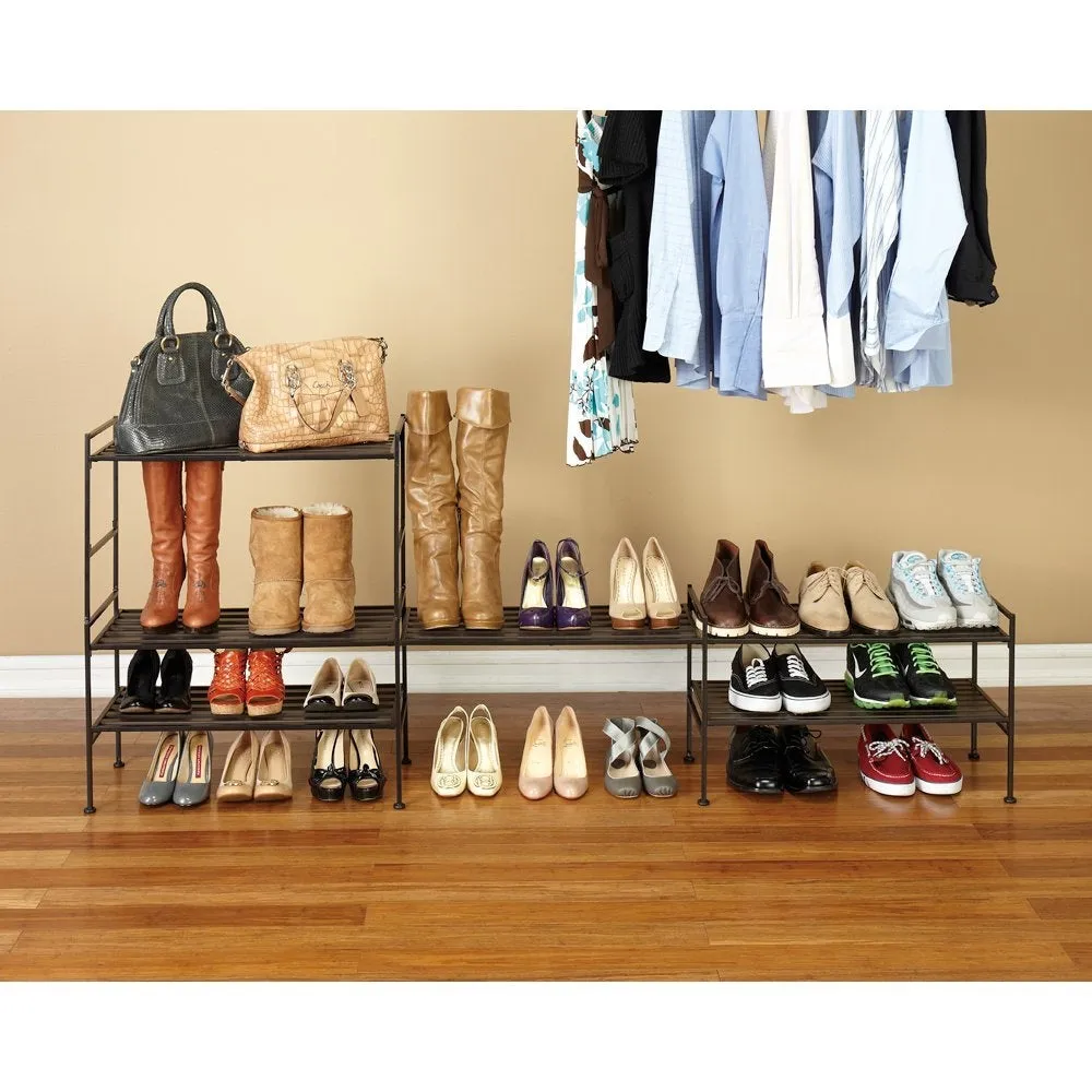2-Tier Slatted Resin Stackable Folding Shoe Rack in Mocha Finish