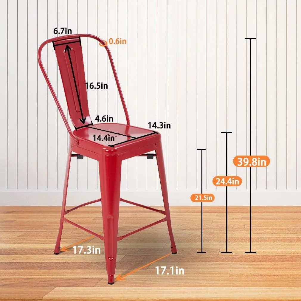 24 Inches Bar Stool Set of 4 Counter Height Barstool with Back Seat