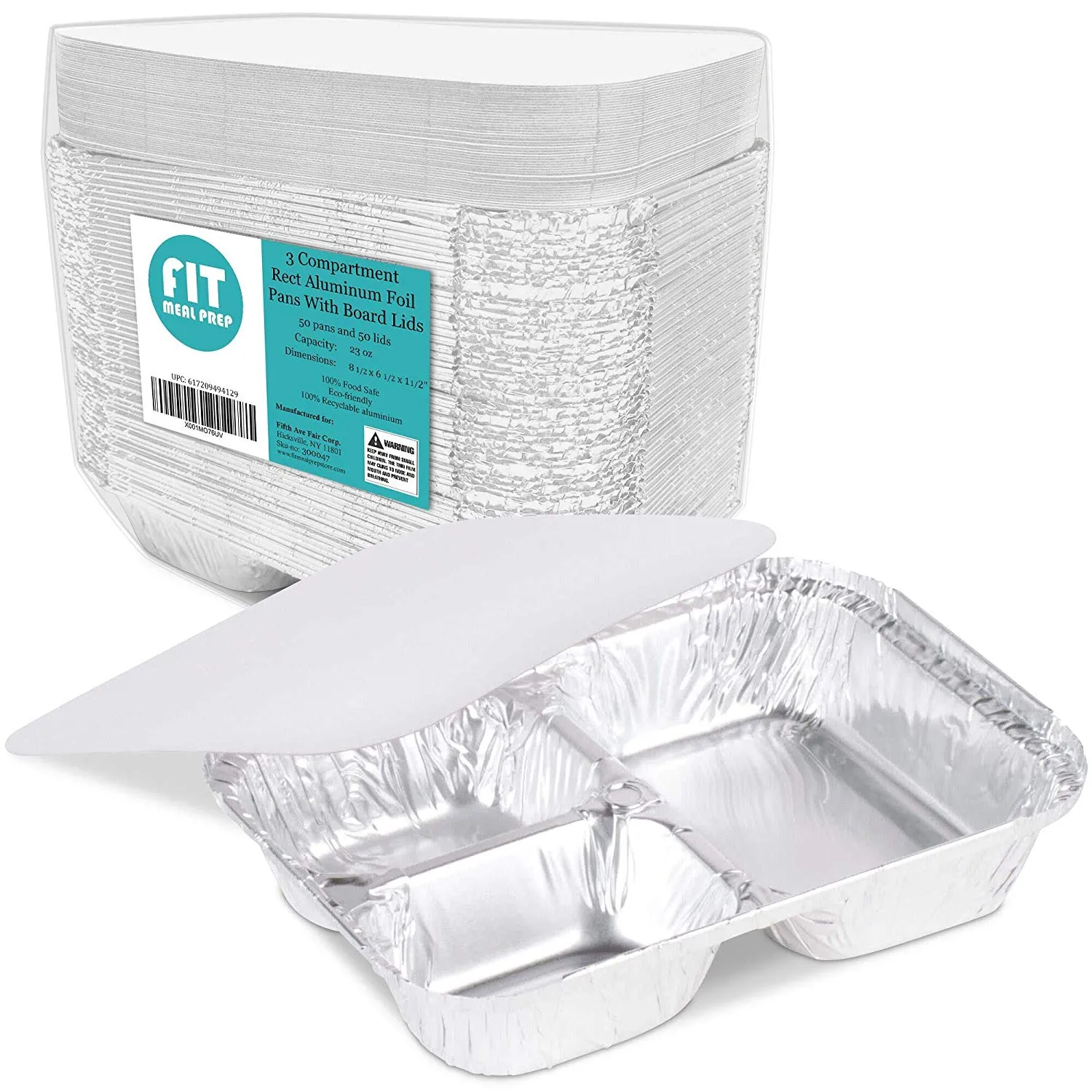 3 Compartment 8.5 x 6.5 x 1.5" Rectangular Disposable Aluminum Foil Pan Take Out Food Containers with Flat Board Lids, Hot Cold Freezer Oven Safe [50 Pack]