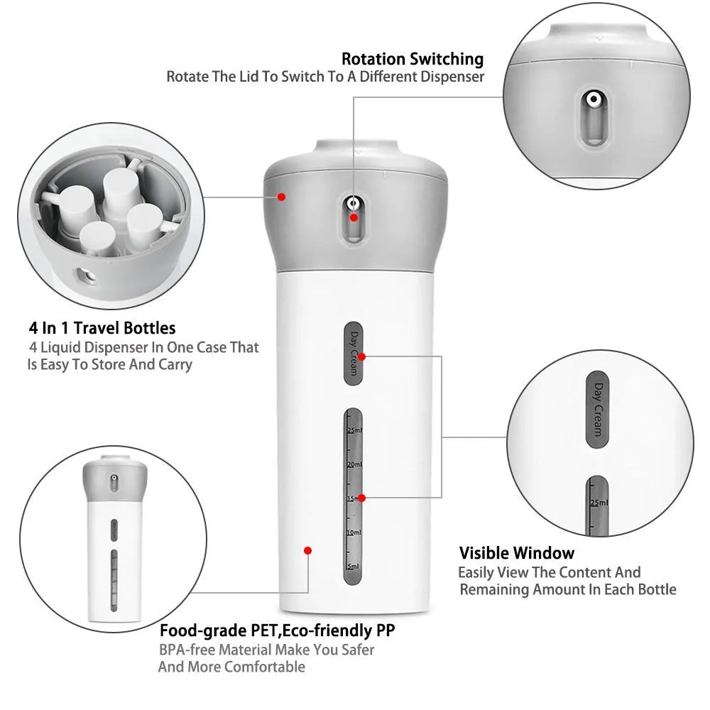 4-in-1 Smart Travel Bottles Set Includes 4 Empty Reusable Cosmetic Toiletry Containers