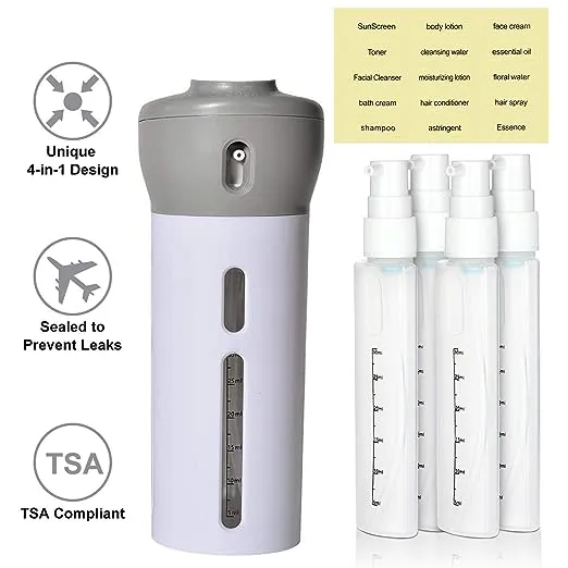 4-in-1 Smart Travel Bottles Set Includes 4 Empty Reusable Cosmetic Toiletry Containers