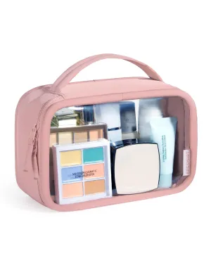 BAGSMART Clear Makeup Bag - TSA Approved Toiletry Bag with Handle Large Opening, Water-Resistant Durable PVC Clear Toiletry Bags for Traveling Travel Essentials (Pink)