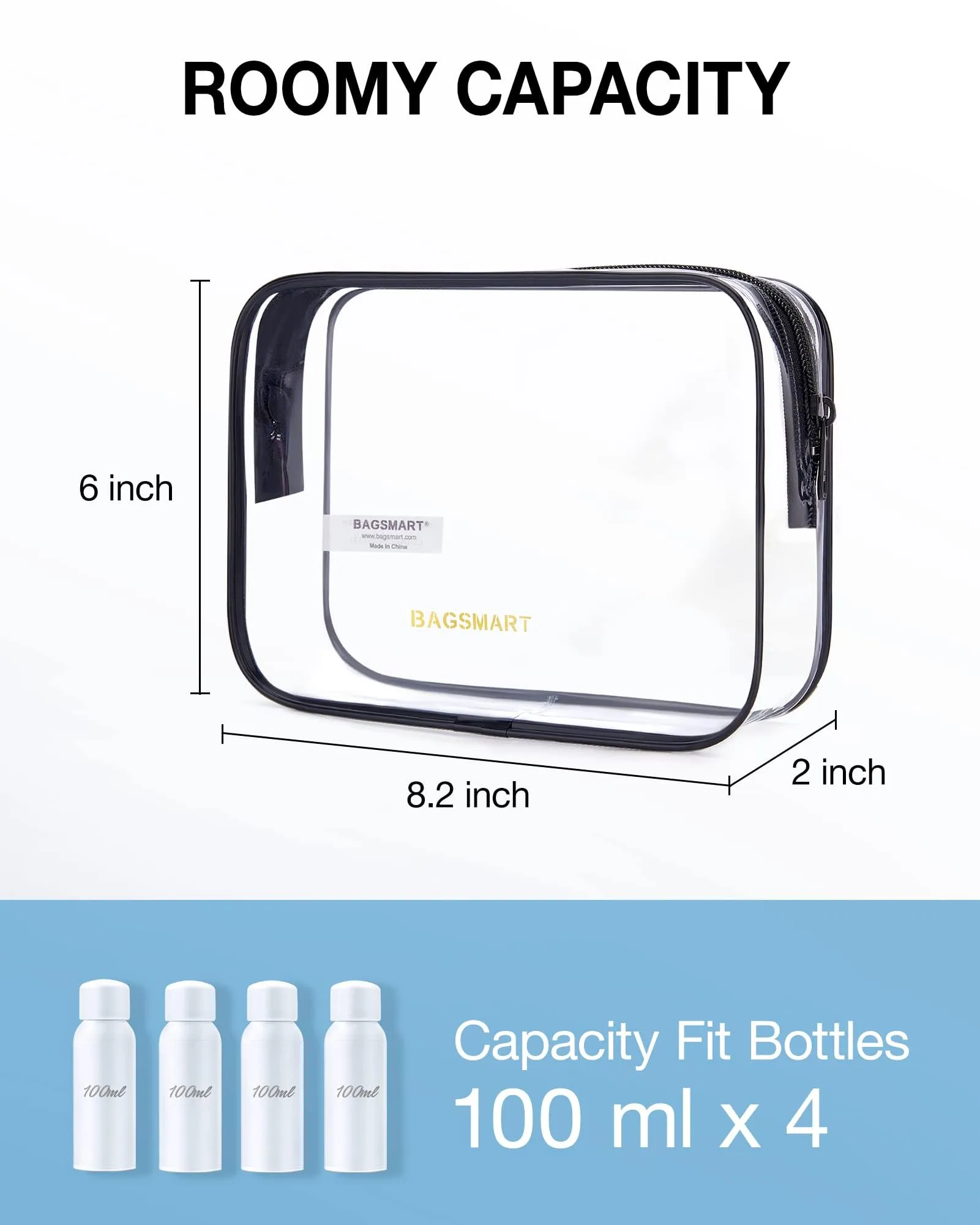 BAGSMART Clear Toiletry Bag, 2 Packs TSA Approved Water Resistant Quart Size Travel Organizer, Airport Airline Travel Essential Carry On Makeup Cosmetic Bags for Women, White