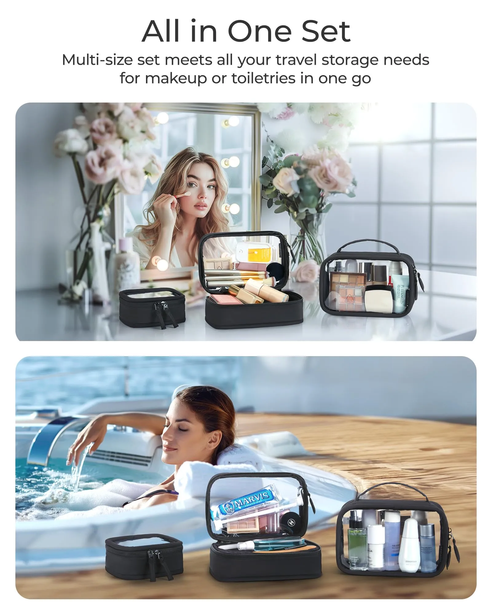 BAGSMART Mini Clear Makeup Bag for Women Portable Travel Toiletry Bag, Cute Small Water-ResistantCosmetic Bag TSA Approved Clear Makeup Case Pouch with Zipper for Car Essentials(Black)