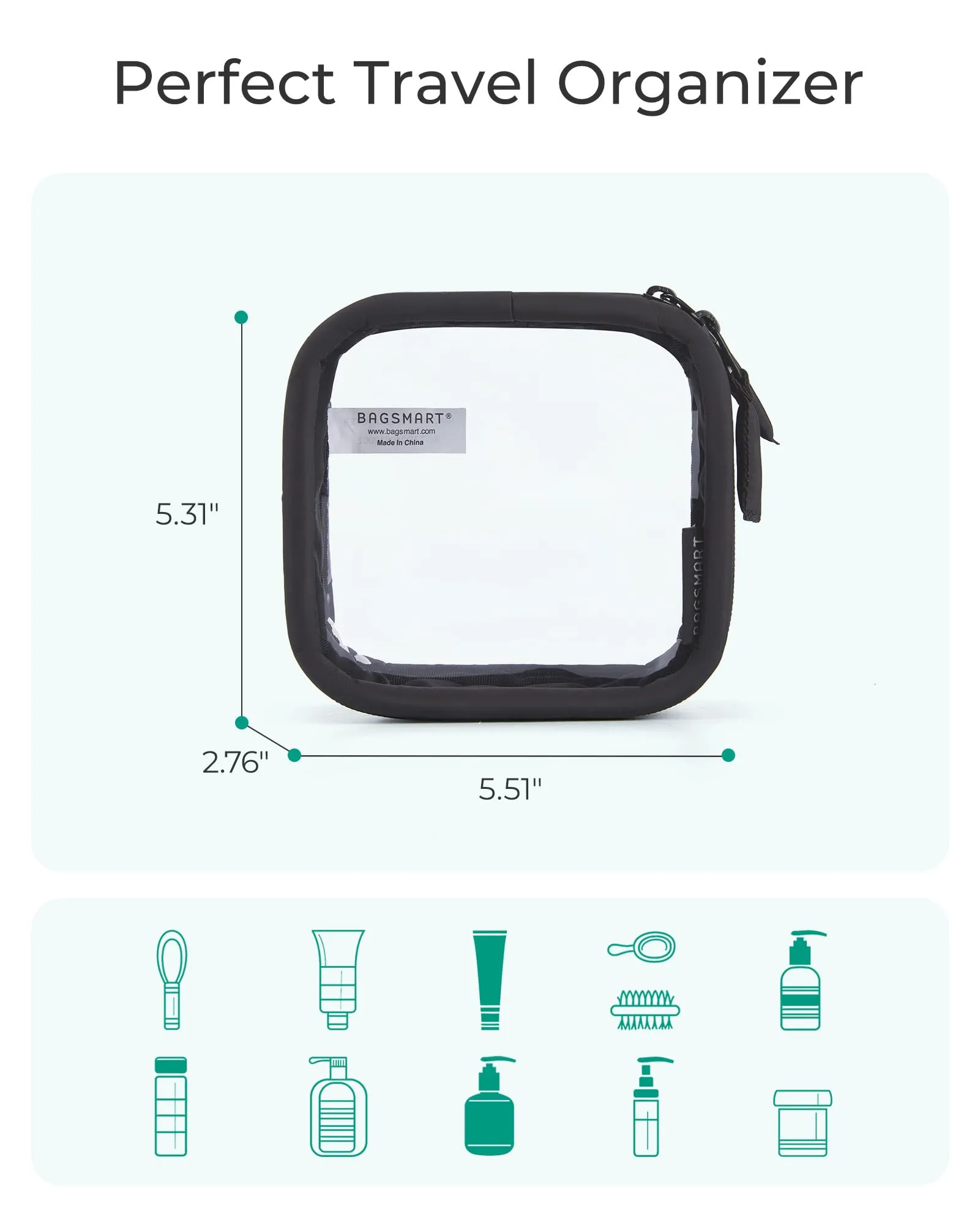 BAGSMART Mini Clear Makeup Bag for Women Portable Travel Toiletry Bag, Cute Small Water-ResistantCosmetic Bag TSA Approved Clear Makeup Case Pouch with Zipper for Car Essentials(Black)