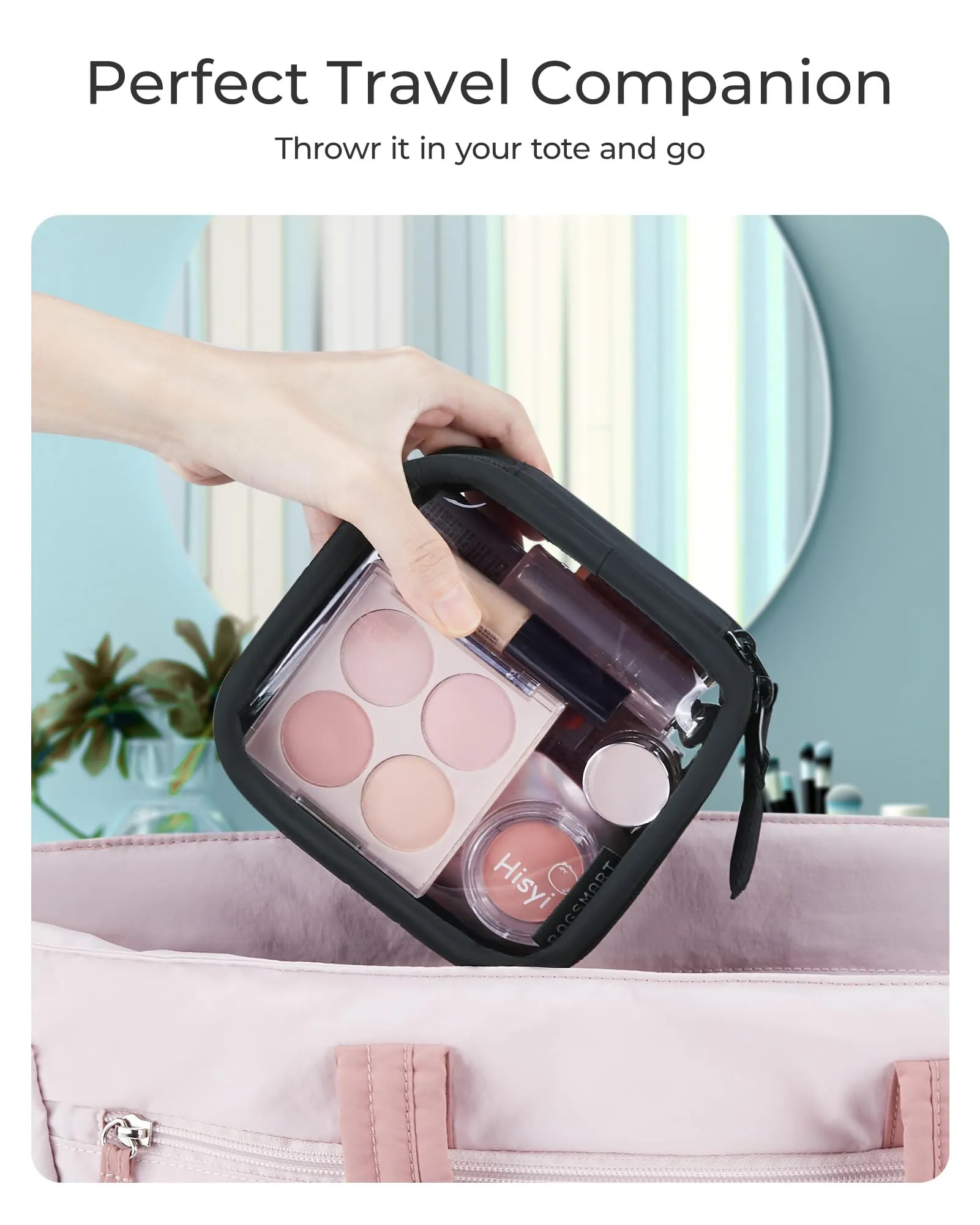 BAGSMART Mini Clear Makeup Bag for Women Portable Travel Toiletry Bag, Cute Small Water-ResistantCosmetic Bag TSA Approved Clear Makeup Case Pouch with Zipper for Car Essentials(Black)