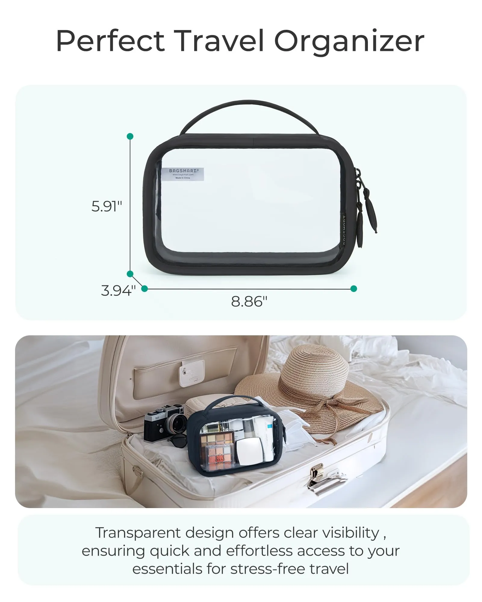 BAGSMART TSA-Approved Toiletry Bag, Large Opening Clear Makeup Bag with Handle, Quart Sized Travel Toiletry Bag, Carry-On Airline Compliant for Men and Women (Beige)