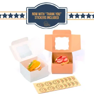 Bakerlyx Technilyx Bakery boxes with window(25 PACK) 4x4x2.5 inch.Eco-Friendly Paper board-Gift Packaging Boxes,Thick,Sturdy for Pastries, Cookies, Small cakes, Cupcakes, Donuts."THANK YOU" Stickers