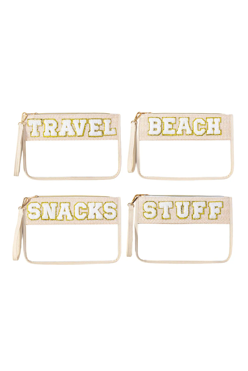 Beige TRAVEL Chenille Embroidered Clear PVC Storage Bag