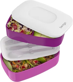 Bentgo Classic - All-in-One Stackable Bento Lunch Box Container - Modern Bento-Style Design Includes 2 Stackable Containers, Built-in Plastic Utensil Set, and Nylon Sealing Strap (Purple)