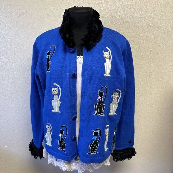 Berek Cardigan Sweater Large Embroidered Cats Beaded Paw Buttons Artsy Unique
