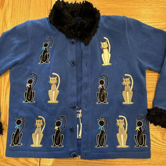 Berek Cardigan Sweater Large Embroidered Cats Beaded Paw Buttons Artsy Unique