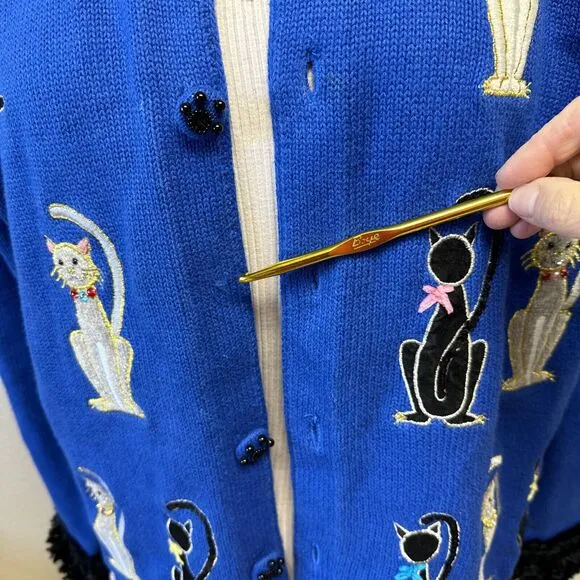 Berek Cardigan Sweater Large Embroidered Cats Beaded Paw Buttons Artsy Unique