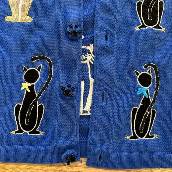 Berek Cardigan Sweater Large Embroidered Cats Beaded Paw Buttons Artsy Unique