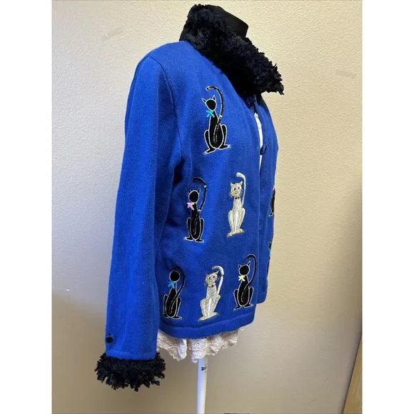 Berek Cardigan Sweater Large Embroidered Cats Beaded Paw Buttons Artsy Unique