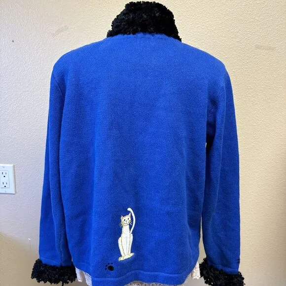 Berek Cardigan Sweater Large Embroidered Cats Beaded Paw Buttons Artsy Unique