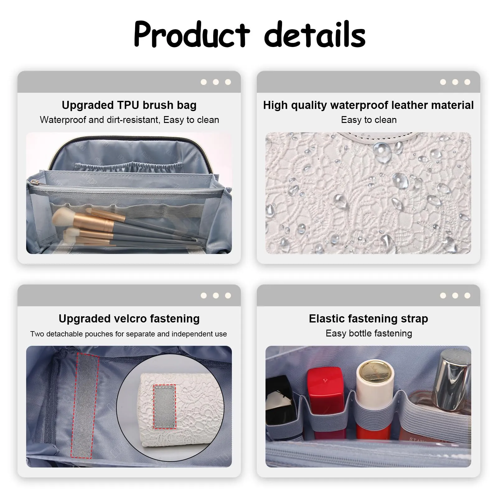 BOYATU Travel Makeup Bags Cosmetic Organizer Bag: 3-Set Large Capacity Make up Bag - PU Leather Toiletry Bags for Women - Wide Open Portable Pouch with Divider & Handle (03-Z-Silver)