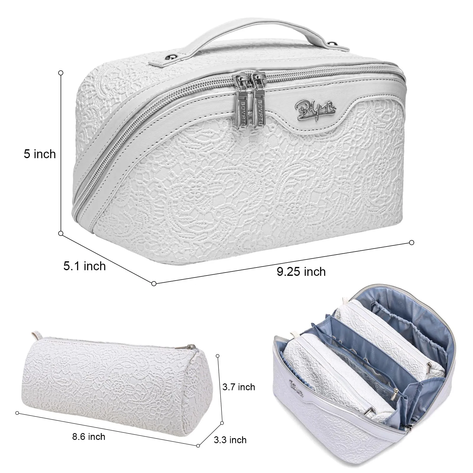 BOYATU Travel Makeup Bags Cosmetic Organizer Bag: 3-Set Large Capacity Make up Bag - PU Leather Toiletry Bags for Women - Wide Open Portable Pouch with Divider & Handle (03-Z-Silver)