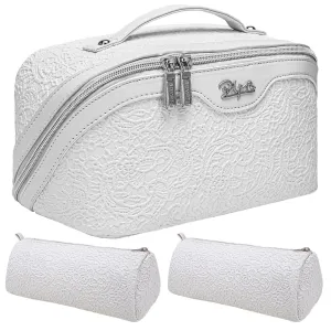 BOYATU Travel Makeup Bags Cosmetic Organizer Bag: 3-Set Large Capacity Make up Bag - PU Leather Toiletry Bags for Women - Wide Open Portable Pouch with Divider & Handle (03-Z-Silver)