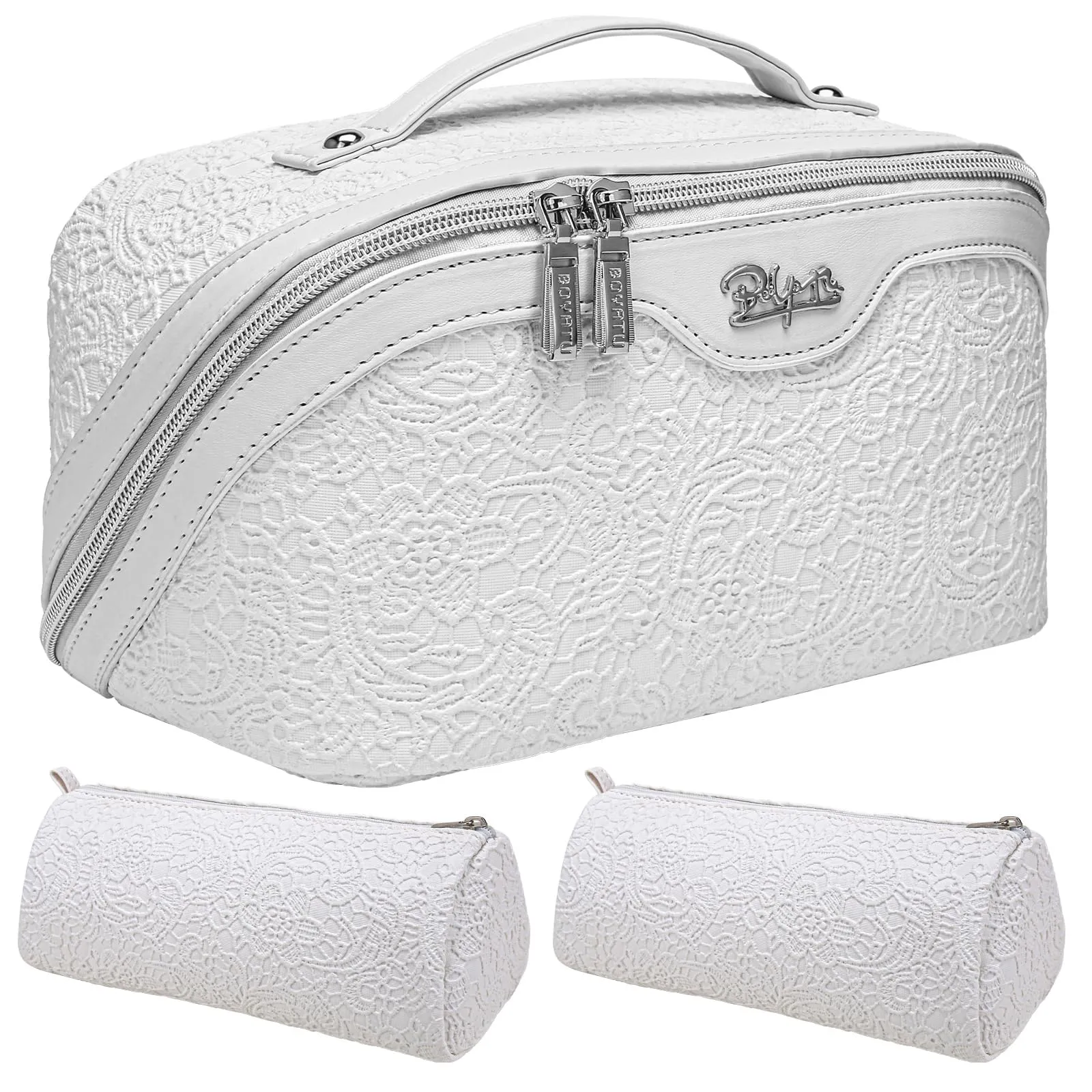 BOYATU Travel Makeup Bags Cosmetic Organizer Bag: 3-Set Large Capacity Make up Bag - PU Leather Toiletry Bags for Women - Wide Open Portable Pouch with Divider & Handle (03-Z-Silver)