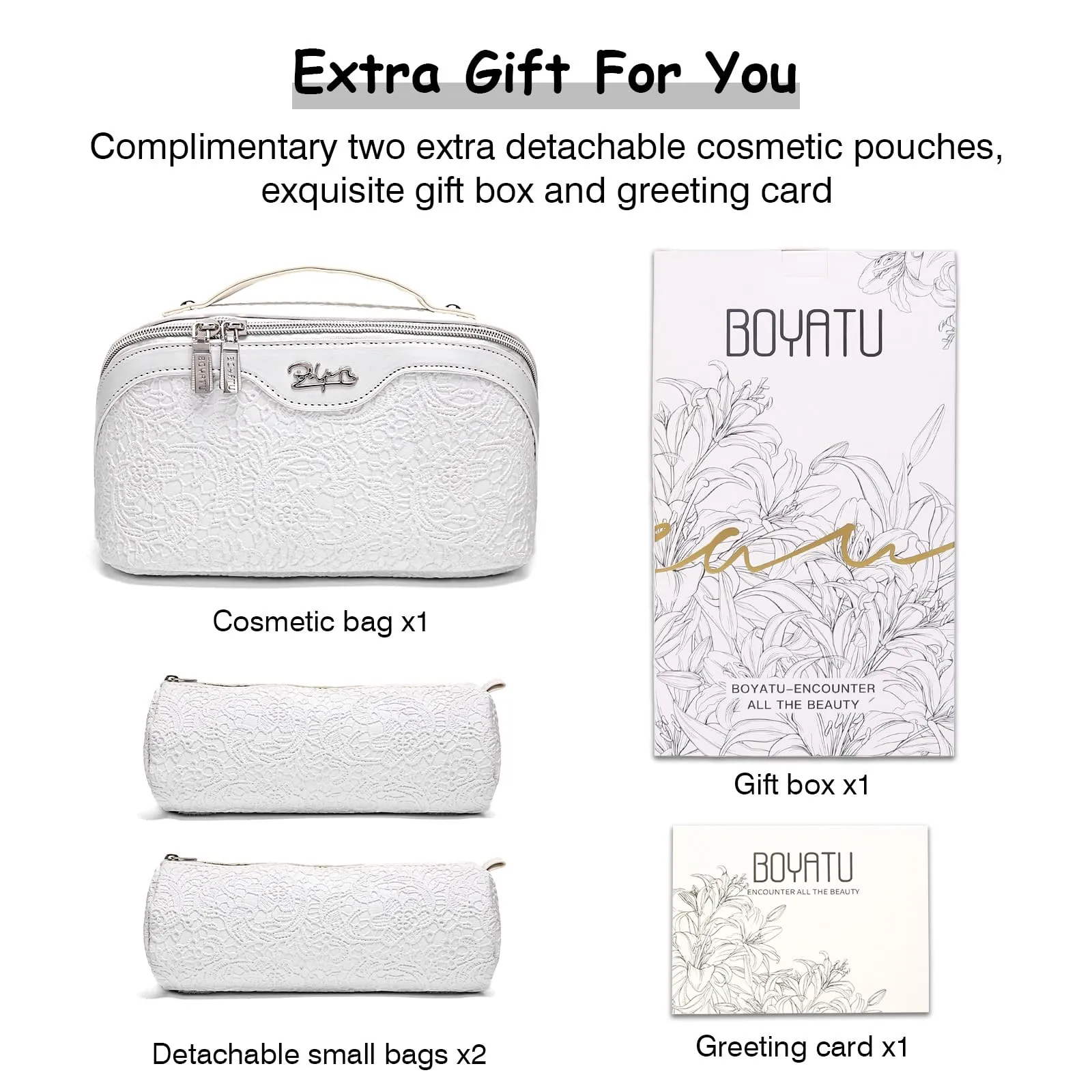 BOYATU Travel Makeup Bags Cosmetic Organizer Bag: 3-Set Large Capacity Make up Bag - PU Leather Toiletry Bags for Women - Wide Open Portable Pouch with Divider & Handle (03-Z-Silver)
