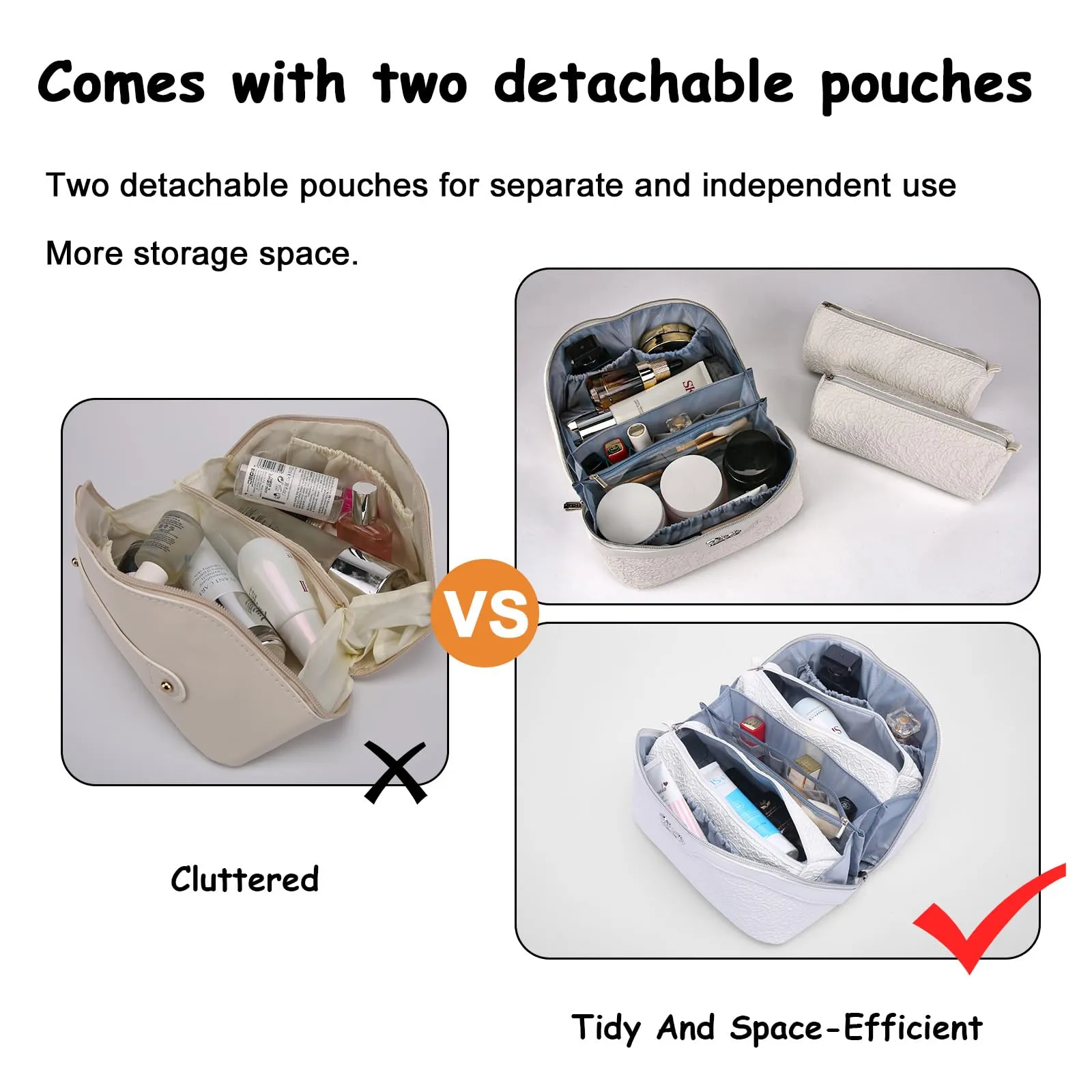 BOYATU Travel Makeup Bags Cosmetic Organizer Bag: 3-Set Large Capacity Make up Bag - PU Leather Toiletry Bags for Women - Wide Open Portable Pouch with Divider & Handle (03-Z-Silver)