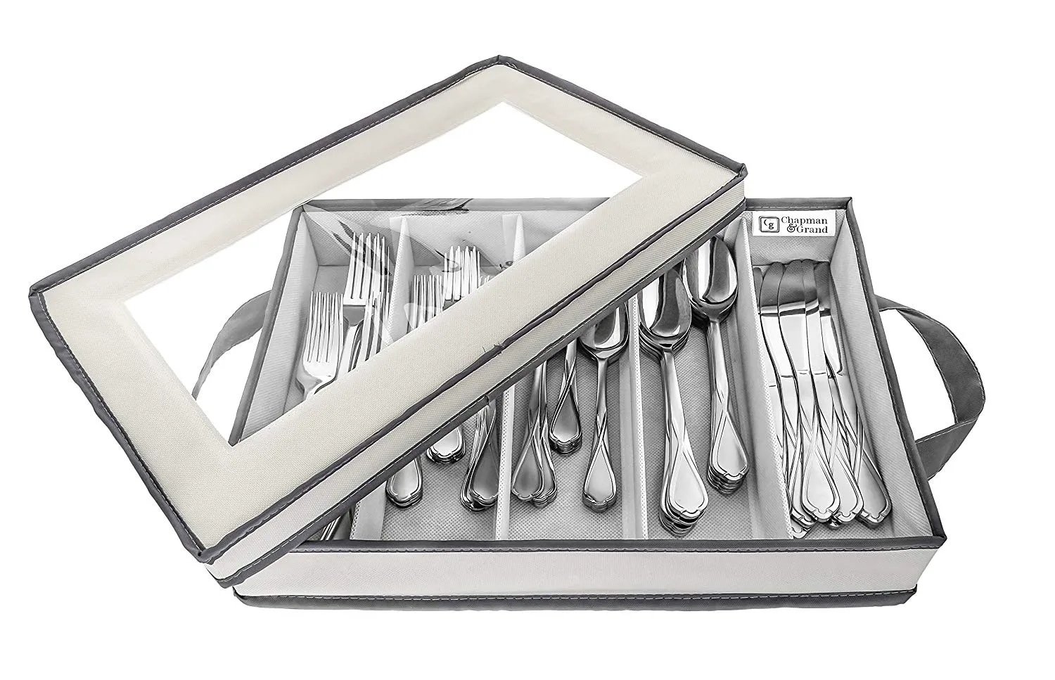Chapman & Grand Flatware Storage Chest, Container Box with Lid for Utensils, Silverware, Flatware with Large Capacity (Light Beige-Gray)