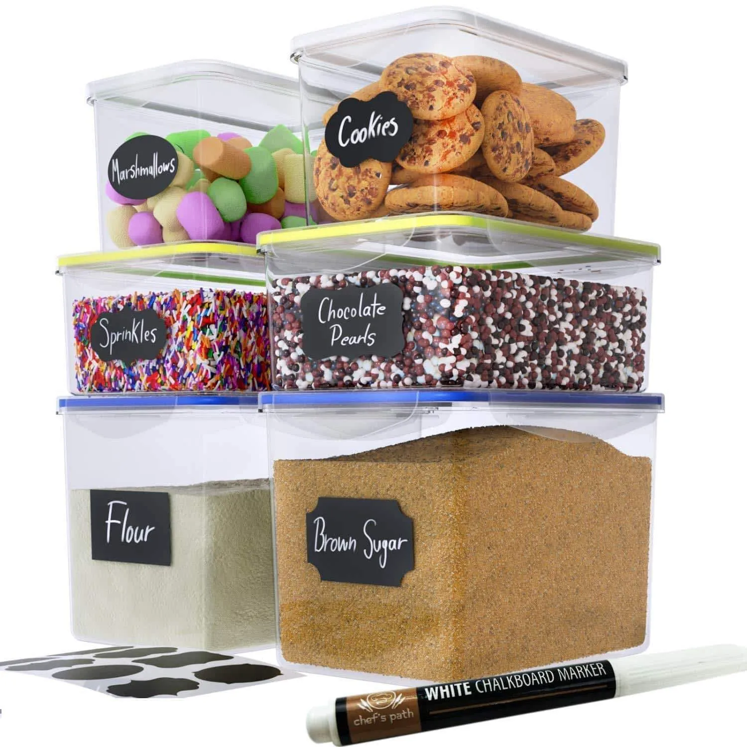 Chef's Path Food Storage Containers - Flour Container - Great for Sugar, Baking Supplies - Airtight Kitchen & Pantry Bulk Food Canisters- BPA-Free - 6 PC Set - 8 Labels & Pen