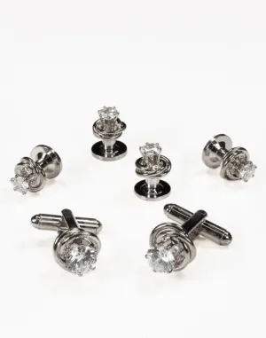 Crystal in Silver Loveknot Studs and Cufflinks Set