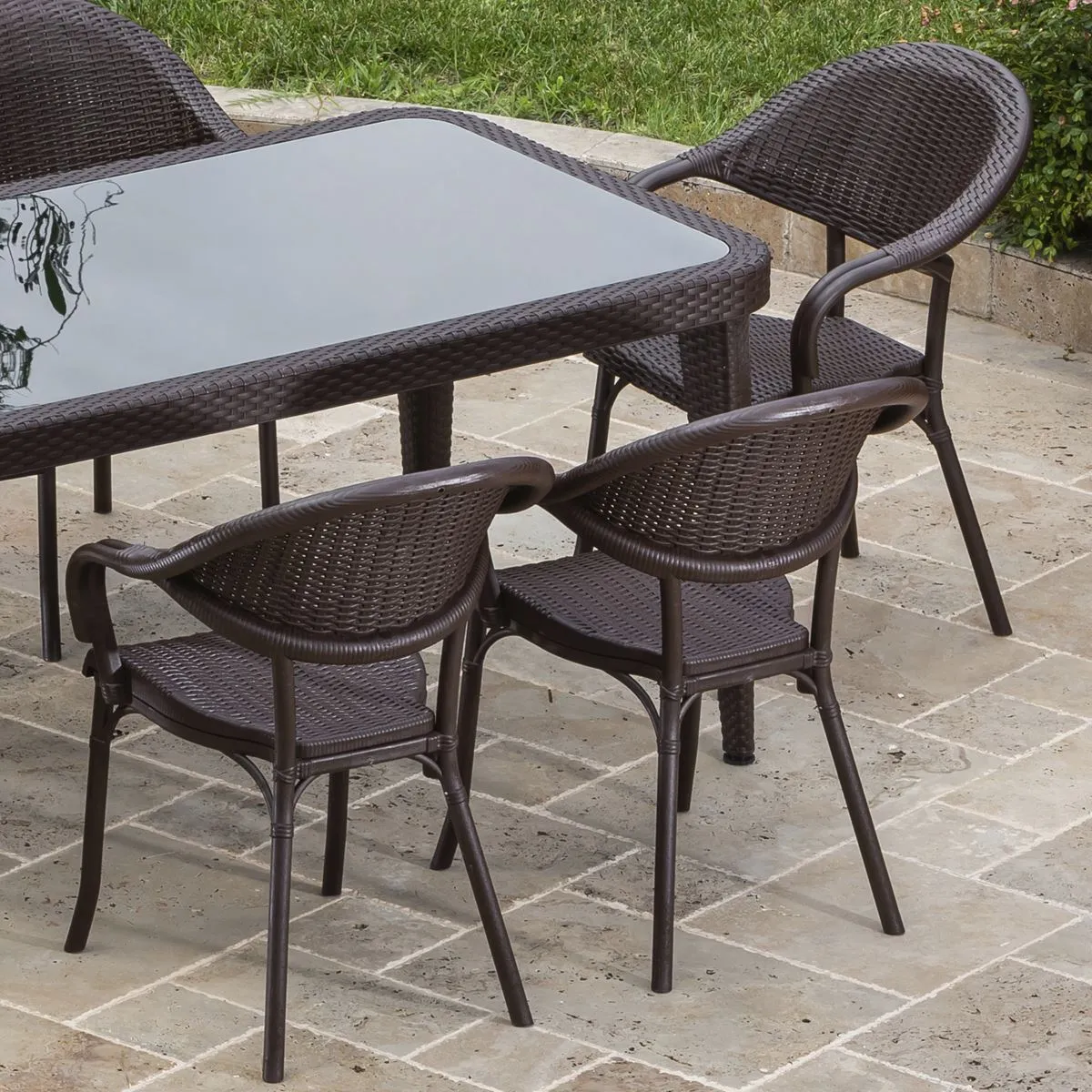 Dellonda Armchair Weather Resistant PP Body Stackable x 6, Dark Wood