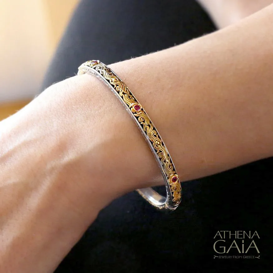 Floral Scroll Thin Bangle Bracelet With Stones