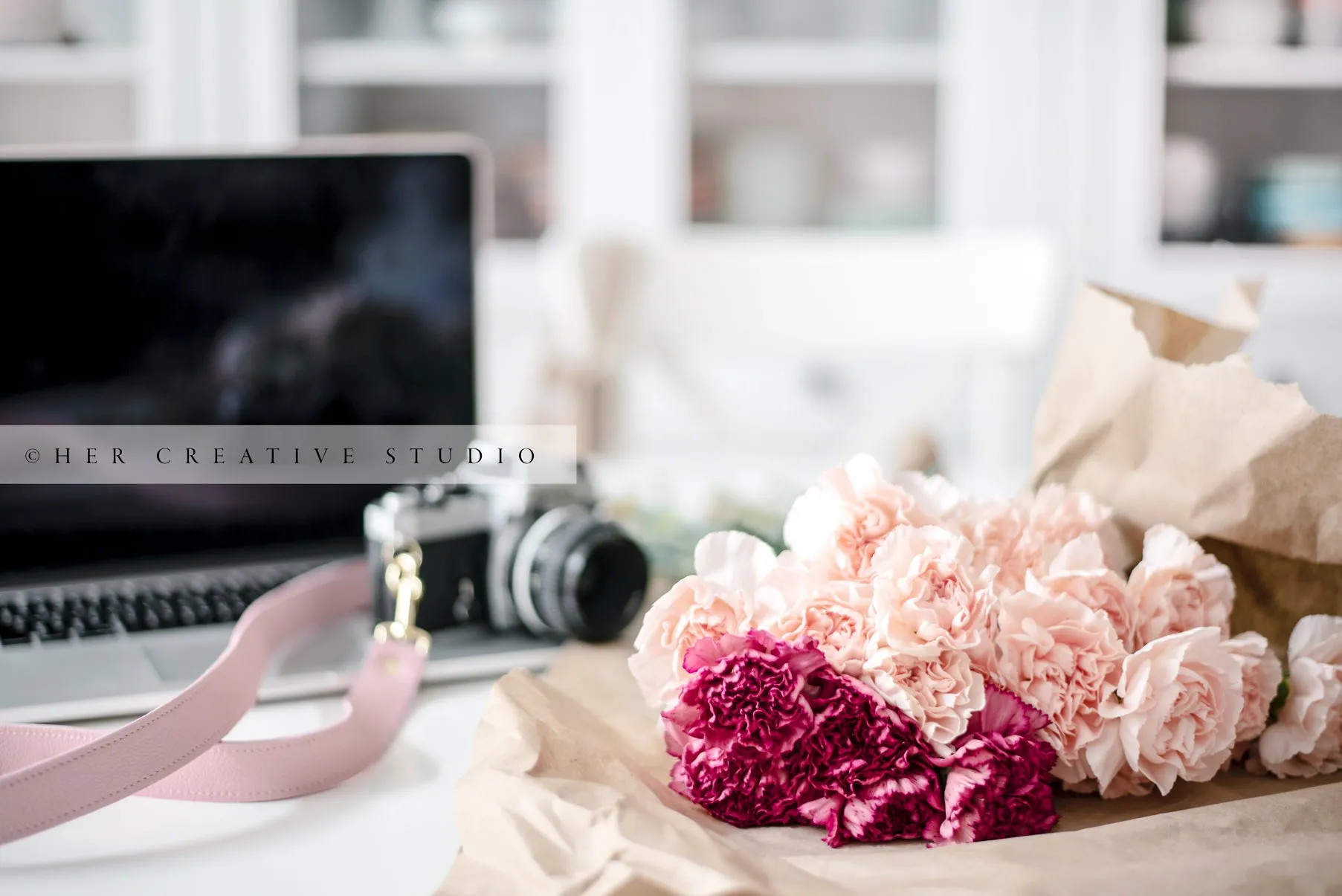 Flowers & Camera on White Workspace, Styled Image
