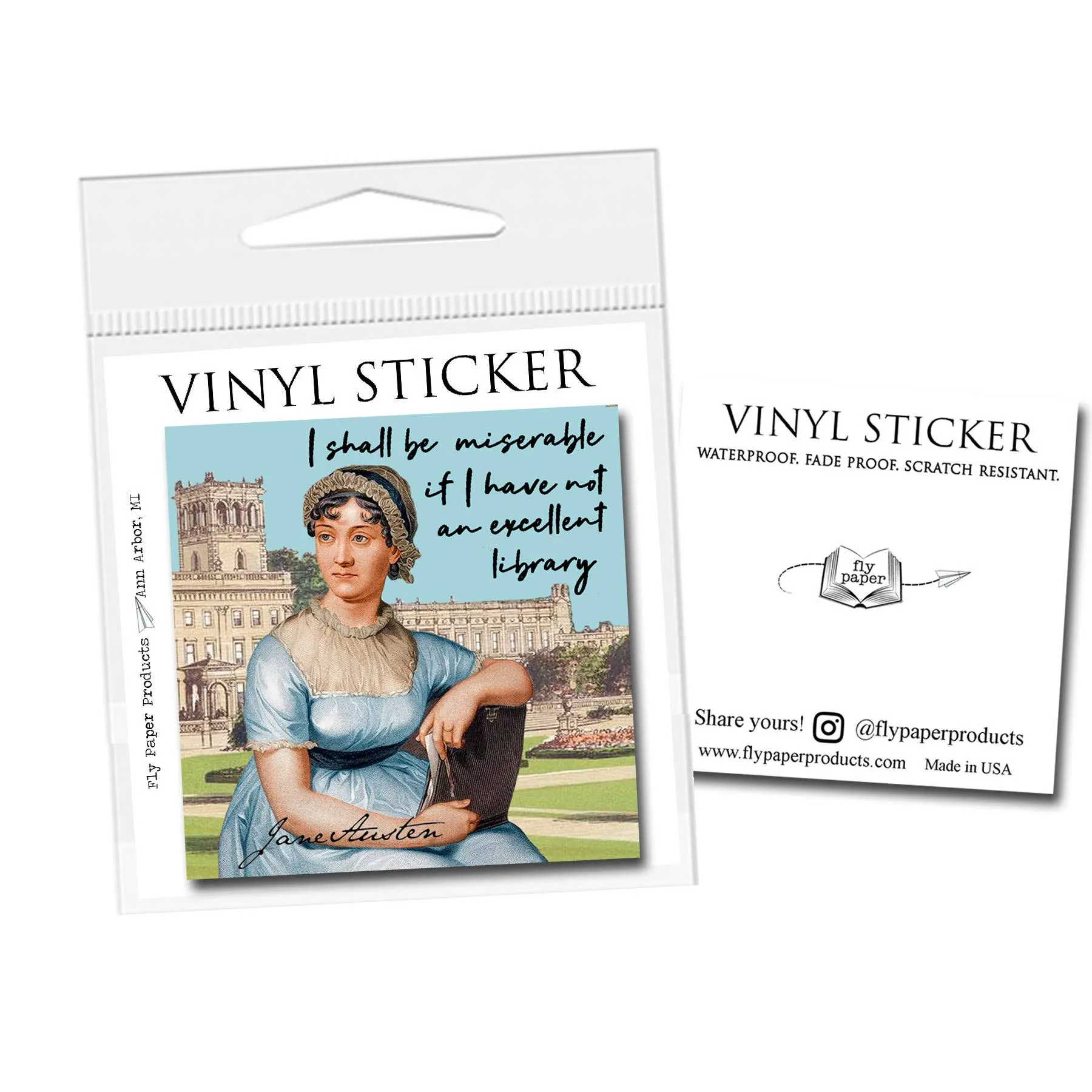 Fly Paper Products - Jane Austen "Excellent Library" Quote Literary Vinyl Sticker: Unpackaged Sticker