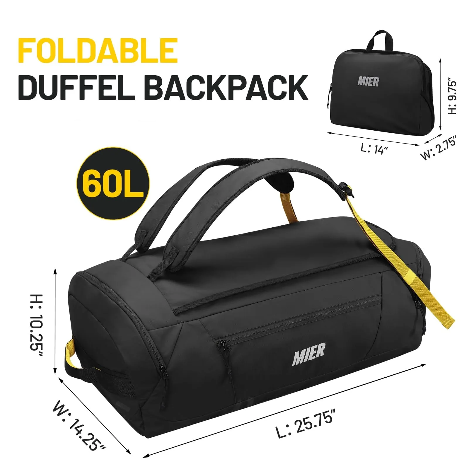 Foldable Travel Duffle Backpack with Compartment, Capacity 60L