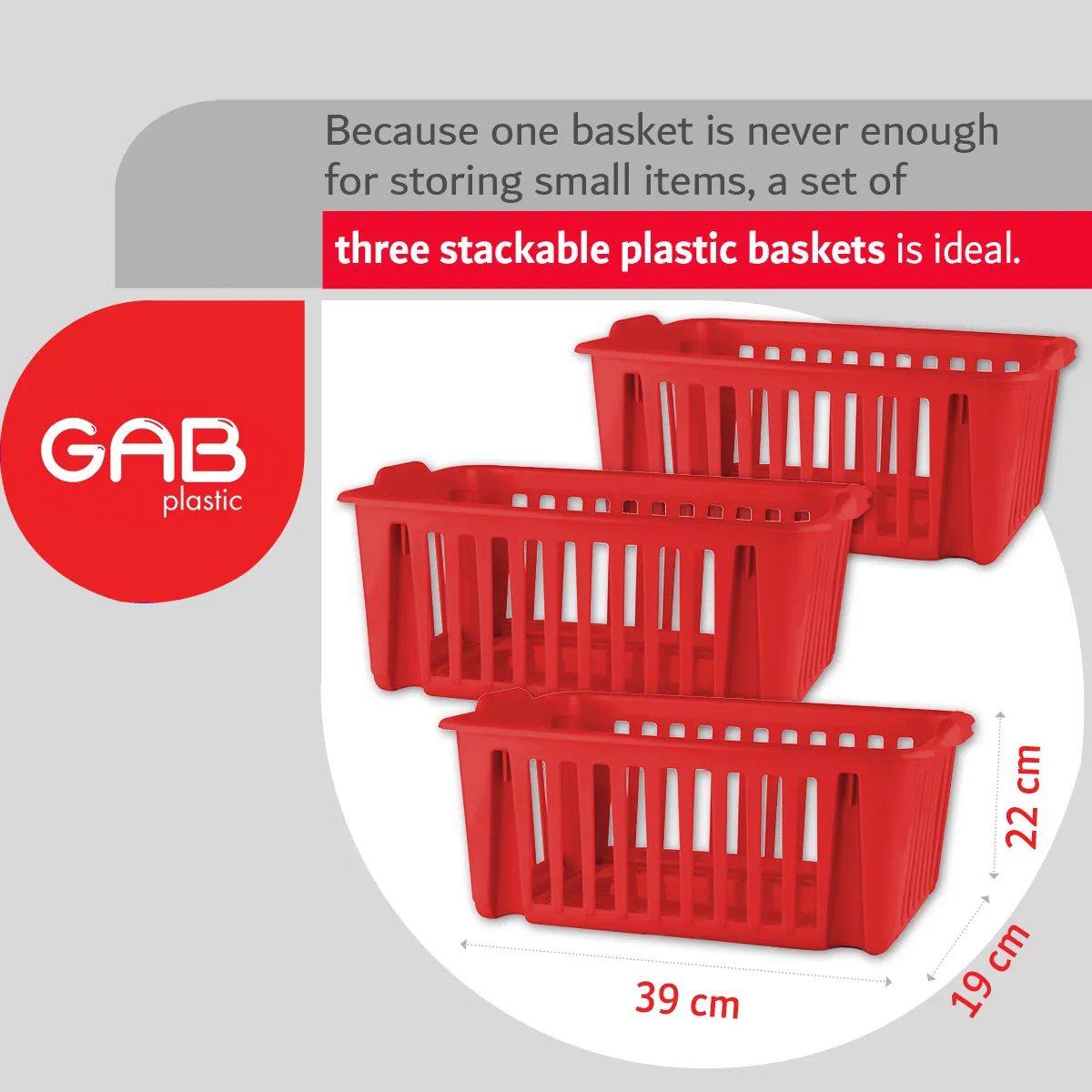 Gab Plastic Set of 3 Stackable Baskets, 39cm - Red