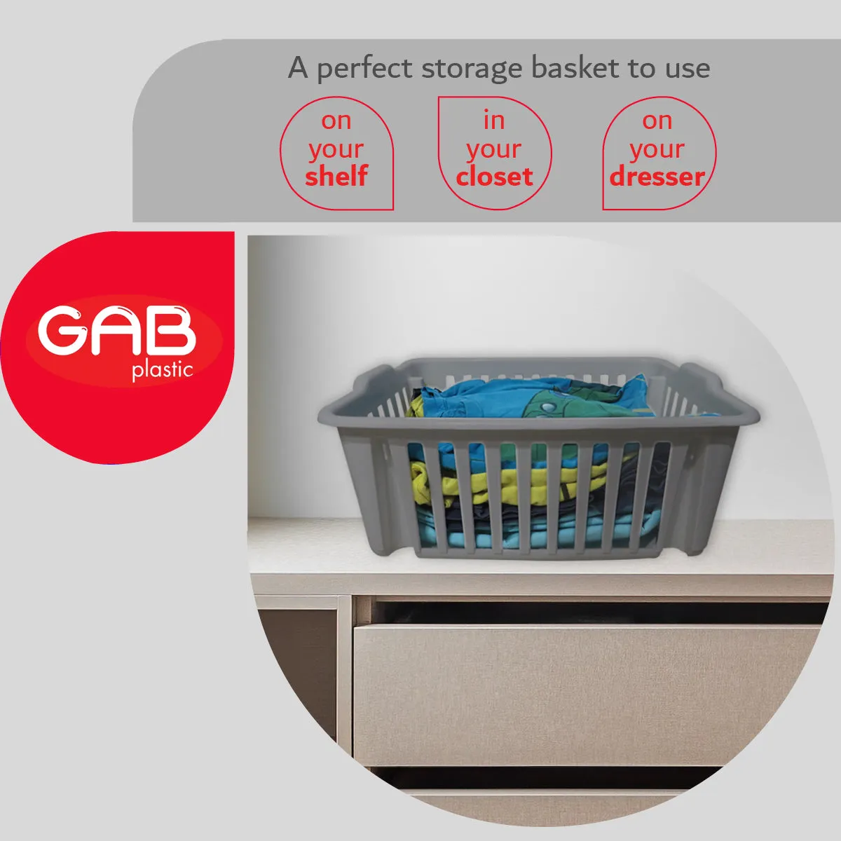 Gab Plastic Set of 3 Stackable Baskets, 39cm - Silver