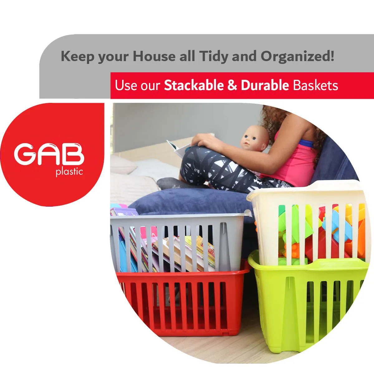 Gab Plastic Set of 3 Stackable Baskets, 39cm - Silver
