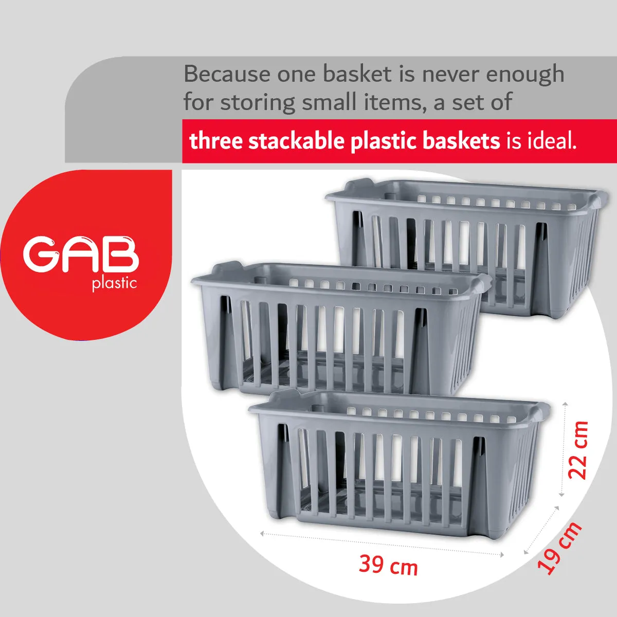Gab Plastic Set of 3 Stackable Baskets, 39cm - Silver