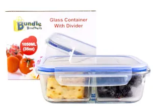 Glass Meal Prep Food Storage Portion Control Container 2-Compartment Divider with Locking Lid/Premium Quality/BPA-FREE/Air Tight/Leakproof/Freezer/Oven/Dishwasher/Microwave Safe (1-3 pc sets)35 oz (3)