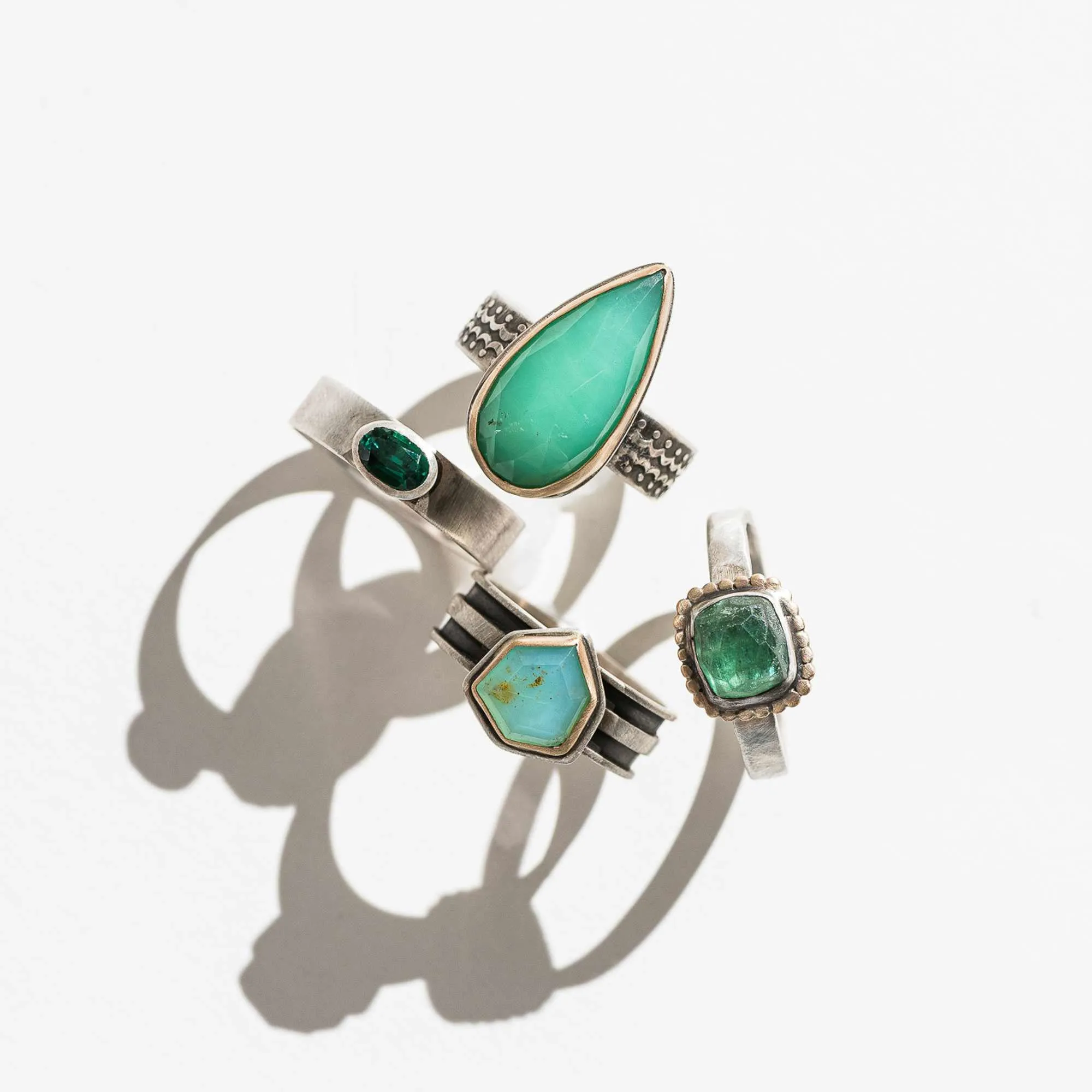 Green Tourmaline East-West Rectangle Ring with 14k Gold Bead Frame