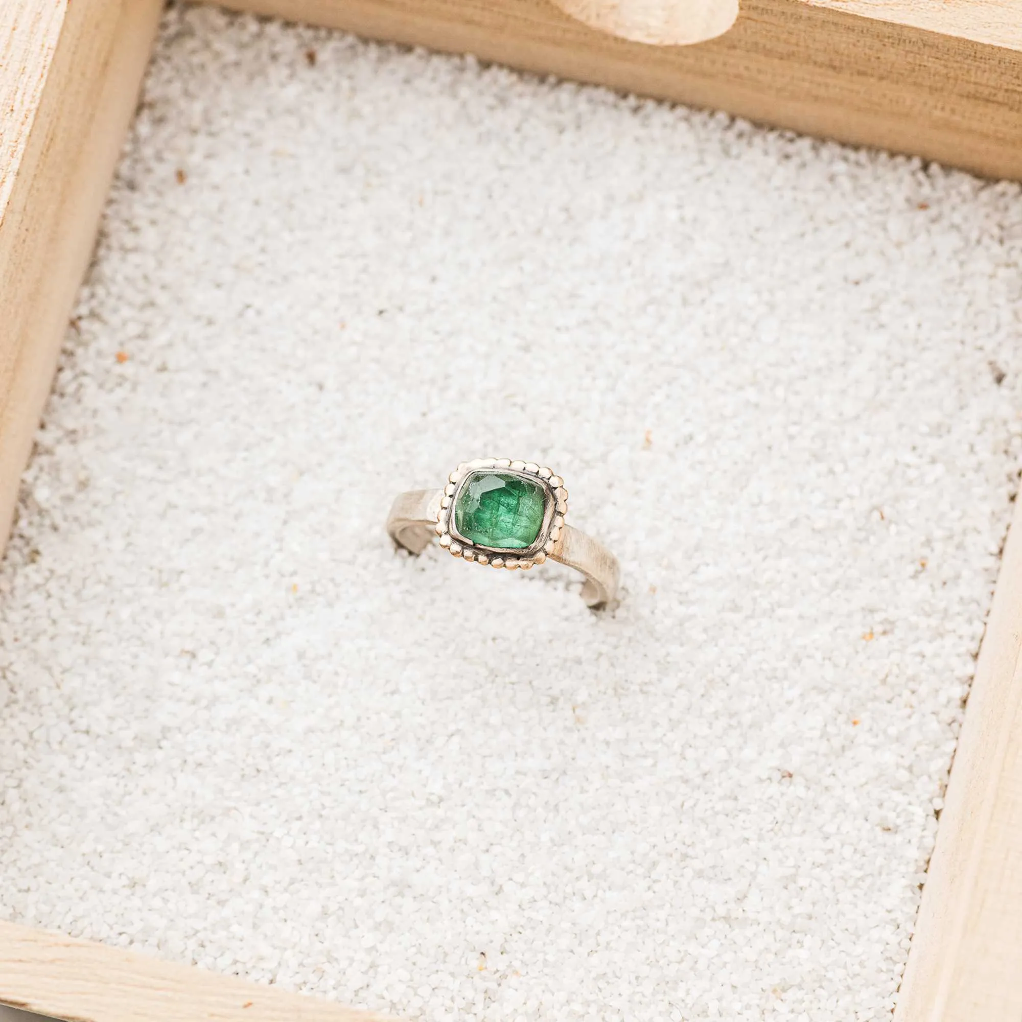Green Tourmaline East-West Rectangle Ring with 14k Gold Bead Frame