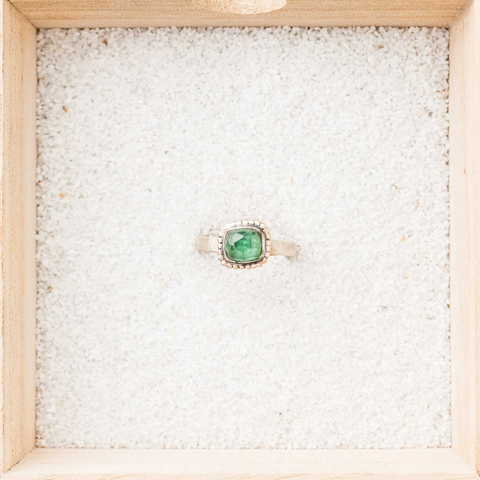 Green Tourmaline East-West Rectangle Ring with 14k Gold Bead Frame