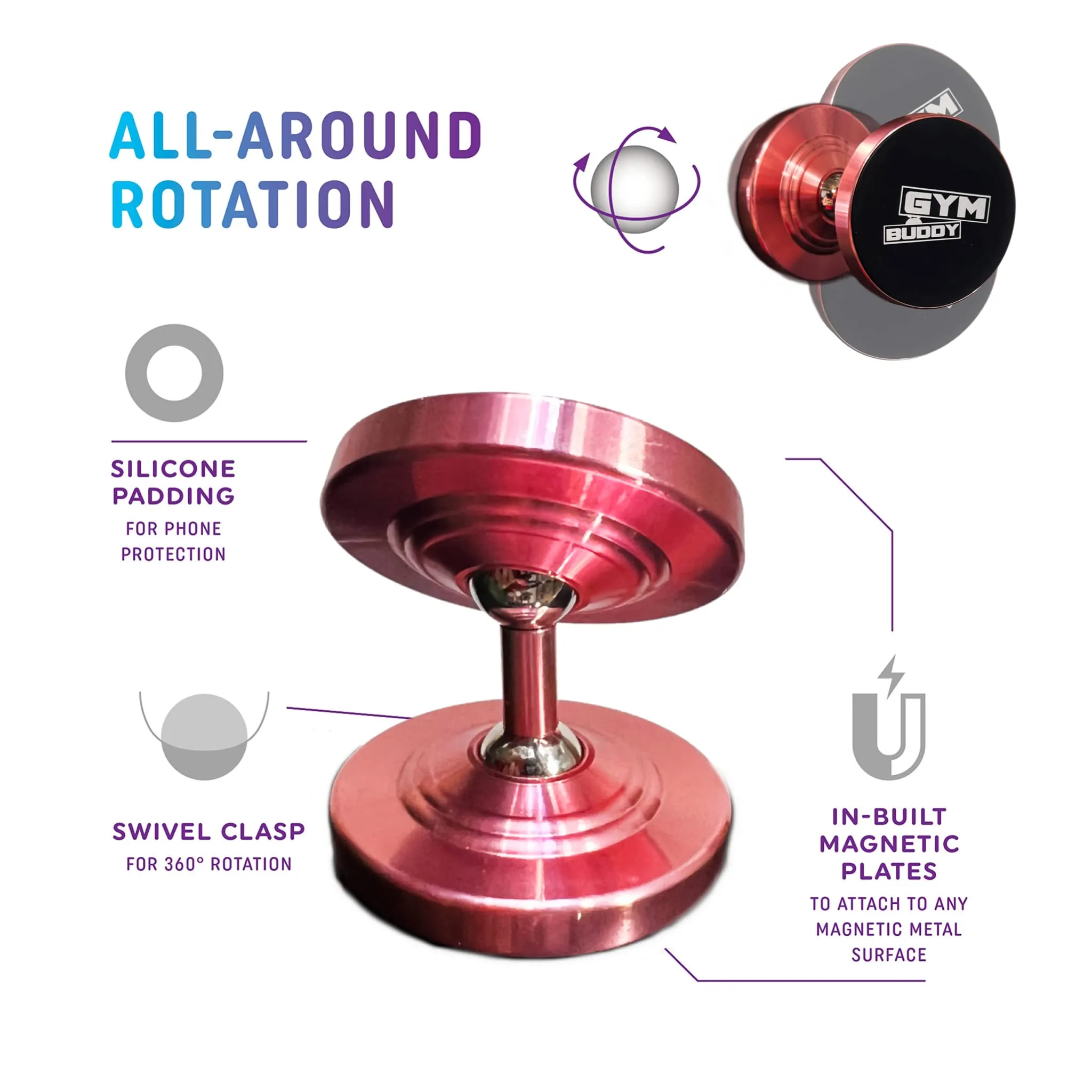 Gym Buddy Magnetic Phone Mount - Easy to Use Magnetic Phone Holder - Magnetic Mount with Magnetic Phone Grip - Gym Magnetic Phone Holder with Double Sided Magnet for All Types of Phone - Pink